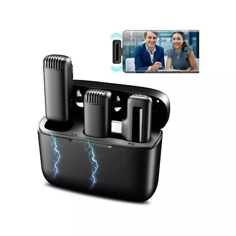 Microphone cravate sans fil J13-C / TYPE-C avec boîtier de chargement, lot de double micro synchronisation automatique.