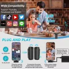 Microphone cravate sans fil J13-L / iPHONE avec boîtier de chargement, lot de double micro à revers pour iPhone