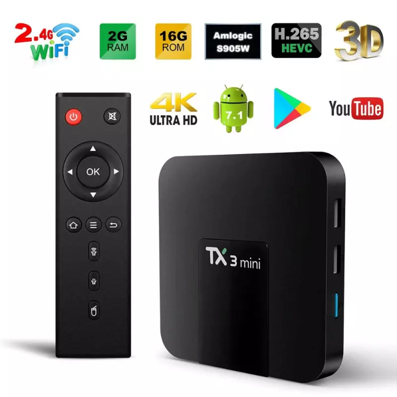 Mini TV Box TX3 4K Amlogic S905W Quad core H.265 décodage 2.4 GHz WiFi 2Go / 16Go