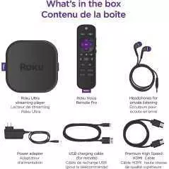 Lecteur de streaming Roku Ultra LT (4K/HDR/HD) avec remote vocale, Ethernet, HDMI 6FT 4K stockage 64Go