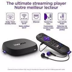 Lecteur de streaming Roku Ultra LT (4K/HDR/HD) avec remote vocale, Ethernet, HDMI 6FT 4K stockage 64Go