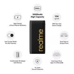 Power bank Realme 10000mAh 12W à charge rapide 2i (lithium polymère)