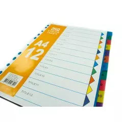 Intercalaires Séparateur Registre A4 avec 12 Onglets Imprimés Numériques de 1 à 12 en Couleur