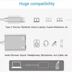 Carte son USB externe Type-C vers casque audio USB stéréo 3D pour Mac OS X Windows