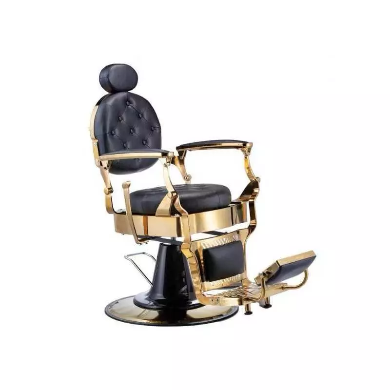 Fauteuil de barbier en métallique brillante RS-BC8799GD pour salon de coiffure avec une tapisserie en simili-cuir noir