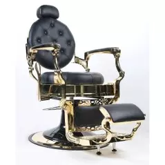 Fauteuil de barbier en métallique brillante RS-BC8799GD pour salon de coiffure avec une tapisserie en simili-cuir noir