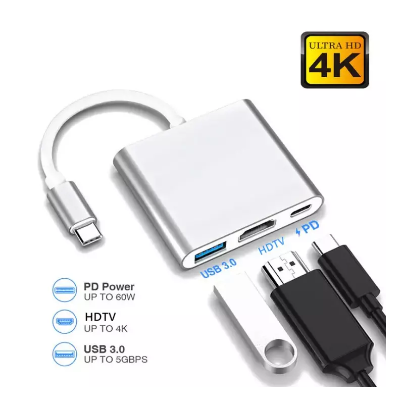 Câble multi ports 4K 3-en-1 type-c vers HDTV + port Usb3.0