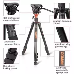 Trépied caméra professionnel monopode en aluminium COMAN DF06Q5S avec tête fluide Q5S