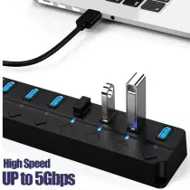 Hub USB 3.0 haute vitesse 7 ports avec interrupteur Câble 30cm pour PC