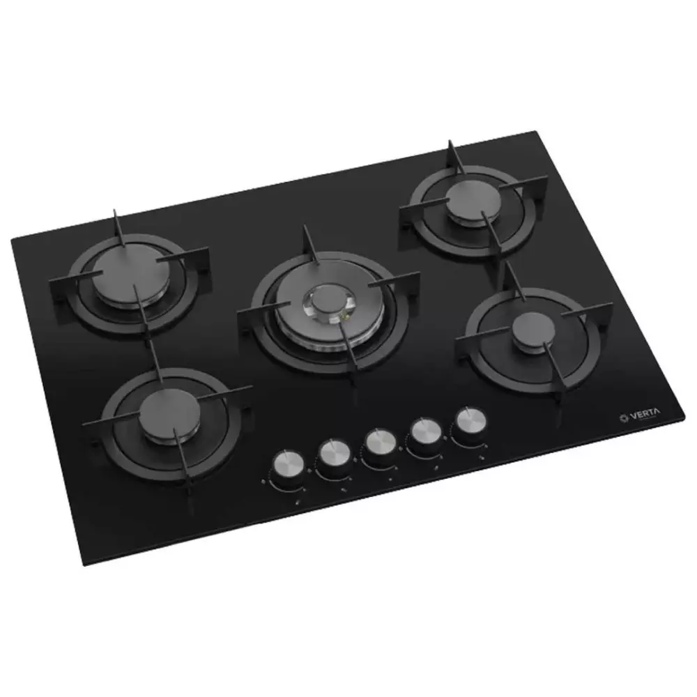 Plaque de Cuisson à gaz encastrable VERTA RM045 5 Feux 90×60 cm, verre trempé noir