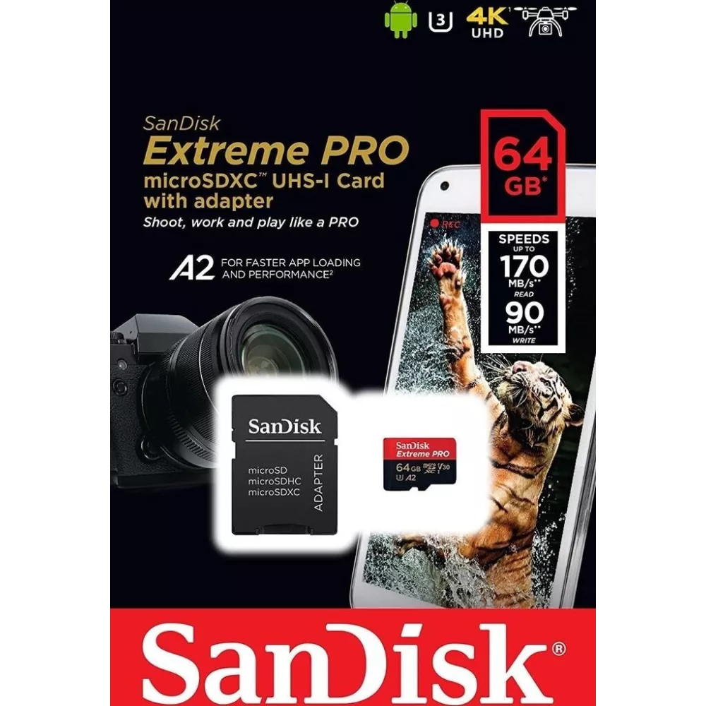 SanDisk Extreme PRO microSDXC 64 Go | 170 Mo/s R / 90 Mo/s W | 4K V30 A2