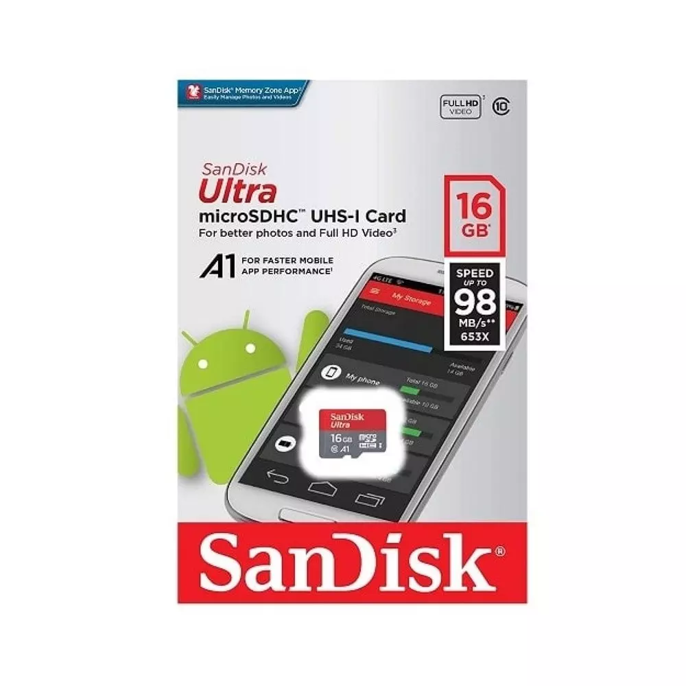 SanDisk Ultra 16 Go microSDHC | 98 Mo/s U1 A1 pour Téléphone & Full HD