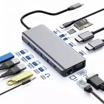 Hub USB-C 12-en-1 Multifonction 4K Ultra HD | HDMI + VGA + 4x USB 3.0 + Ethernet Gigabit | Power Delivery