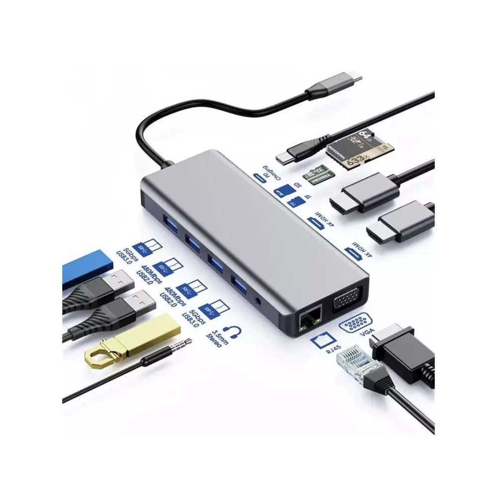Hub USB-C 12-en-1 Multifonction 4K Ultra HD | HDMI + VGA + 4x USB 3.0 + Ethernet Gigabit | Power Delivery