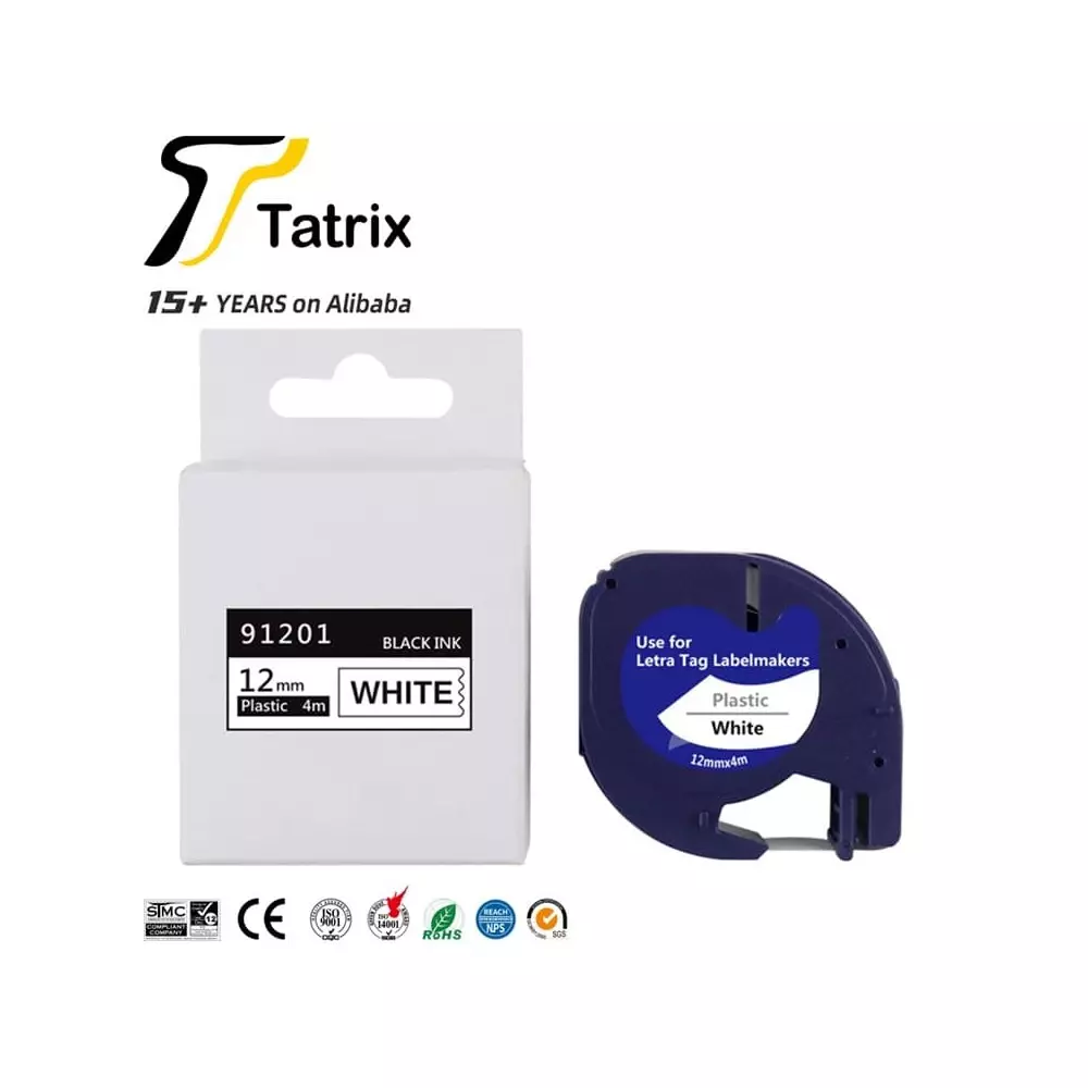 Ruban Étiqueteuse Tatrix 91201 Plastique Blanc 12mm | Cassette Compatible Dymo LetraTag | Encre Noire 4m