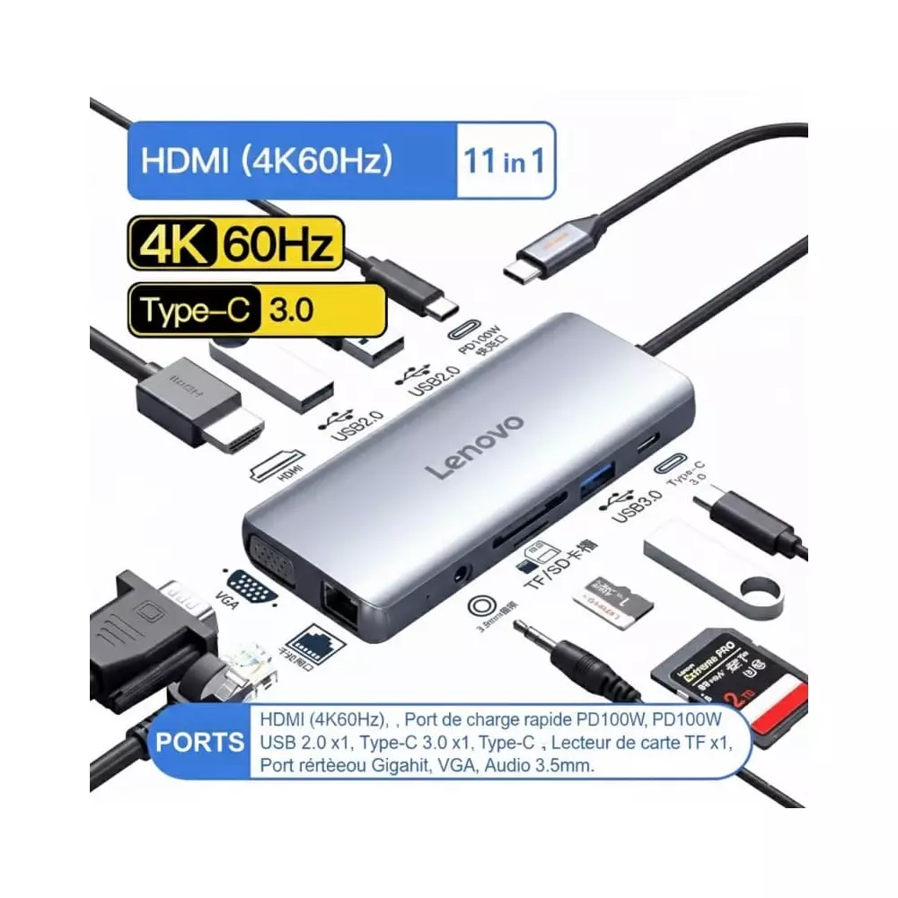 Hub USB-C Lenovo Authentique 11-en-1 | 4K 60Hz | Ethernet | PD 100W