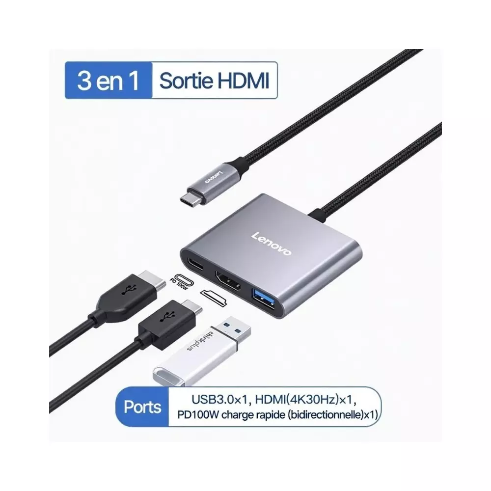Hub USB-C Lenovo 3-En-1 | 4K HDMI | USB 3.0 | PD 100W ORIGINAL