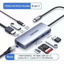 Hub USB-C Lenovo 8-En-1 | 4K 30Hz | Ethernet Gigabit | Lecteur SD/TF | PD 100W ORIGINAL