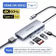 Hub USB-C Lenovo 7-En-1 | 4K 60Hz | Lecteur SD/TF | PD 100W ORIGINAL