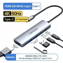 Lenovo E1-D05H  Hub USB-C 5-en-1  Charge PD 100W  3x USB 3.0
