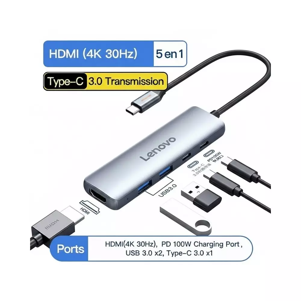 Lenovo Docking Station E1-D15H | Hub USB-C 5-en-1 | HDMI 4K & PD 100W