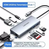Lenovo H1-C09 | Hub USB-C 9-en-1 | HDMI 4K, VGA, Ethernet & PD 100W