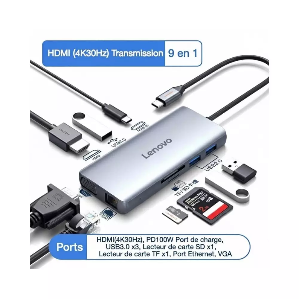 Lenovo H1-C09 | Hub USB-C 9-en-1 | HDMI 4K, VGA, Ethernet & PD 100W