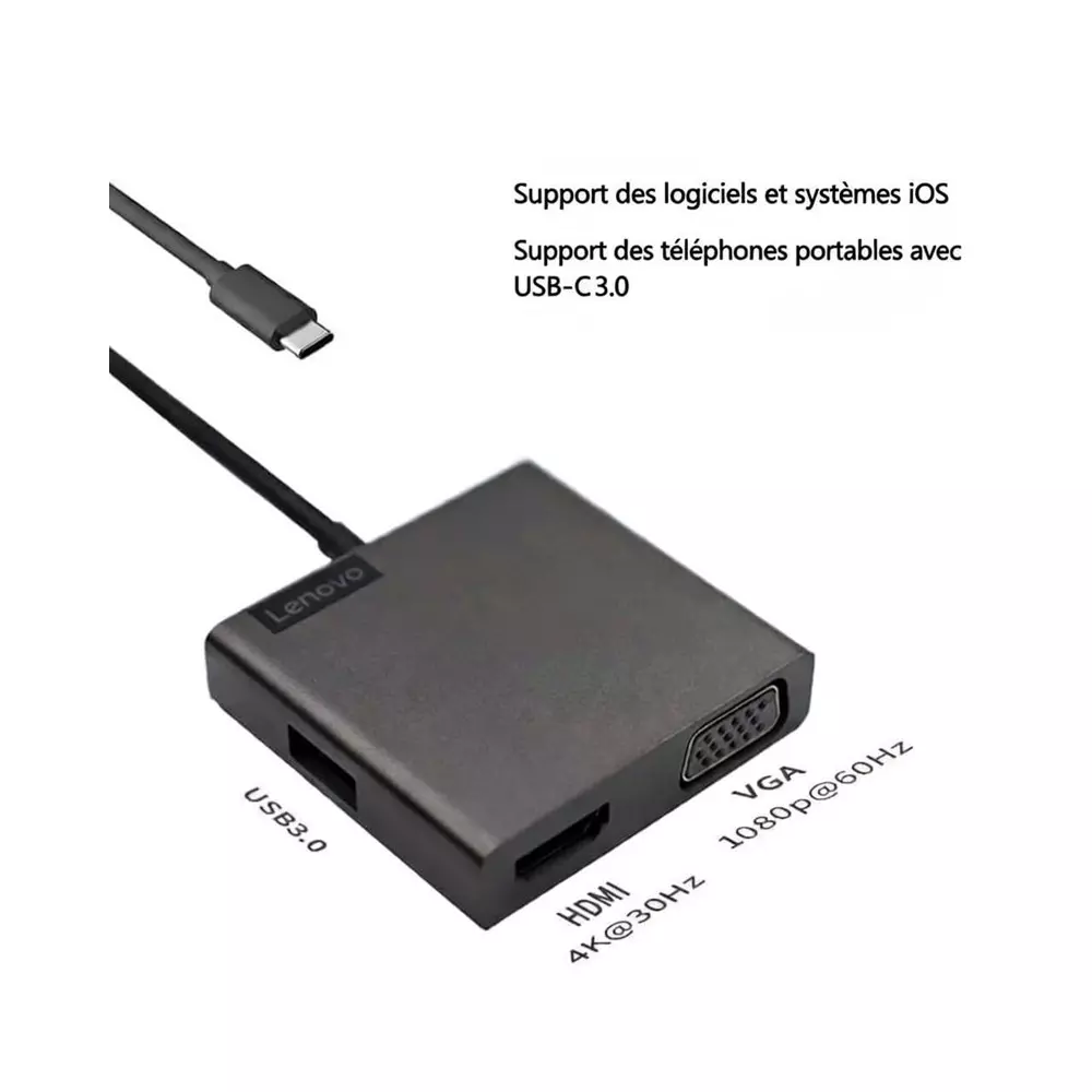 Station d'accueil Lenovo USB-C 4-en-1  Hub Portable Haute Performance  HDMI 4K & VGA