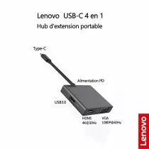 Station d'accueil Lenovo USB-C 4-en-1  Hub Portable Haute Performance  HDMI 4K & VGA